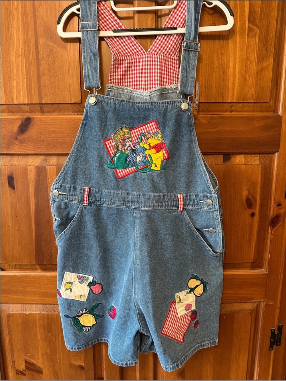 Vintage Winnie the Pooh Overalls Shorts with Red Gingham Trim and Fruit Patches